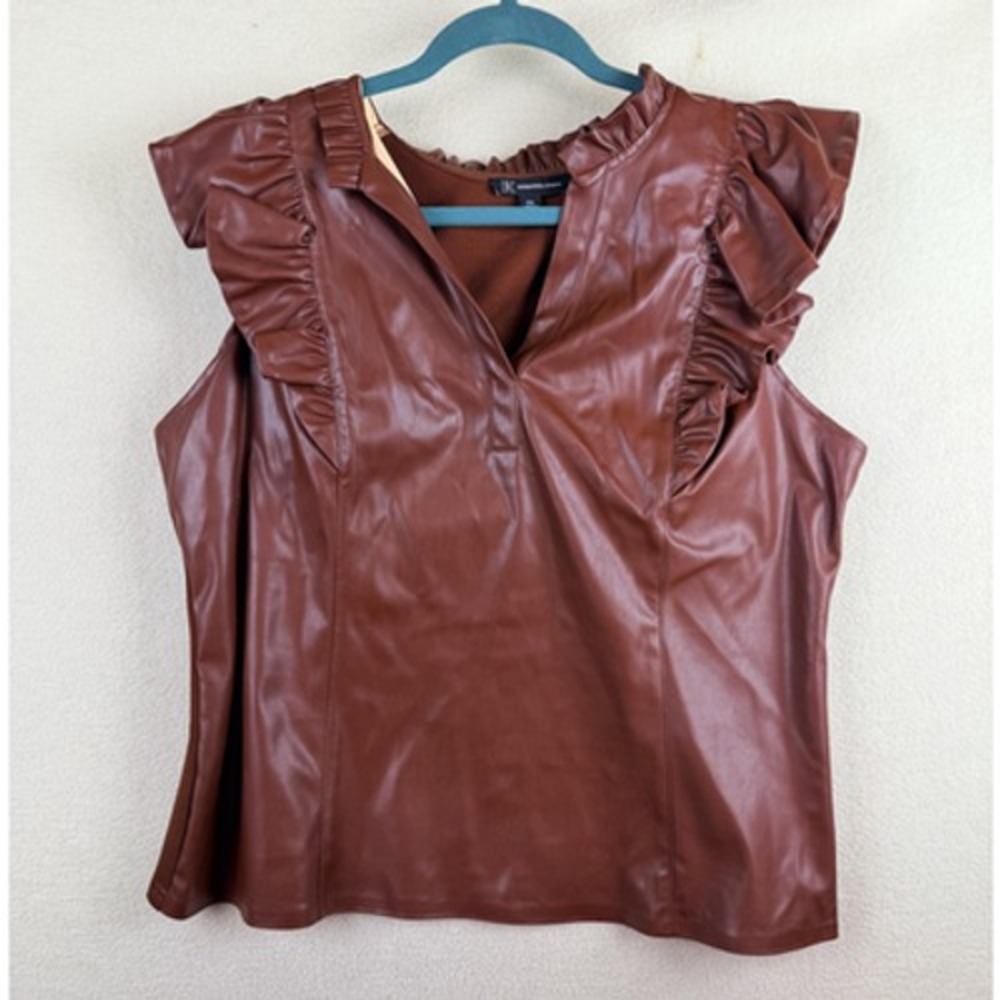 INC International Concepts Blouse Womens XXL Brown Faux Leather Ruffle V Neck